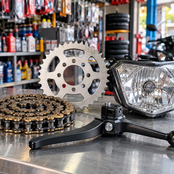 Motorcycle sprocket, chain, lever and headlamp on a parts counter