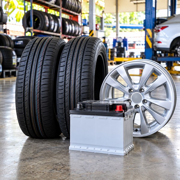 Vehicle tires, alloy wheel and car battery in a tire shop