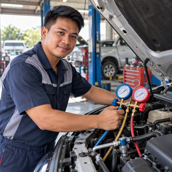 Automotive air-conditioning technician using service gauges