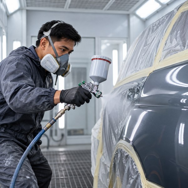 Protected auto body technician spray painting a vehicle panel