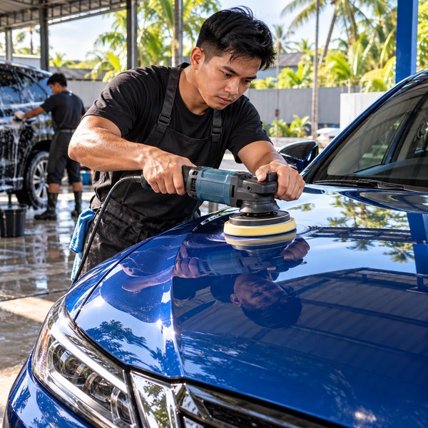 Car detailer polishing the hood of a blue car