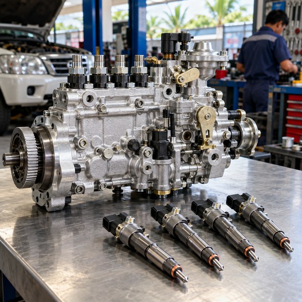 Diesel injection pump and injectors on a calibration workbench