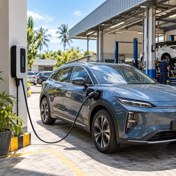 Electric vehicle connected to a workshop charging station