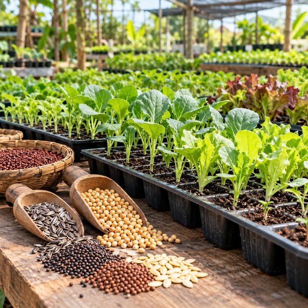Healthy seedlings and planting seeds at a nursery