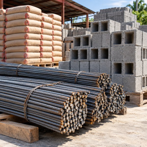 Rebars concrete blocks and cement at a building supply yard