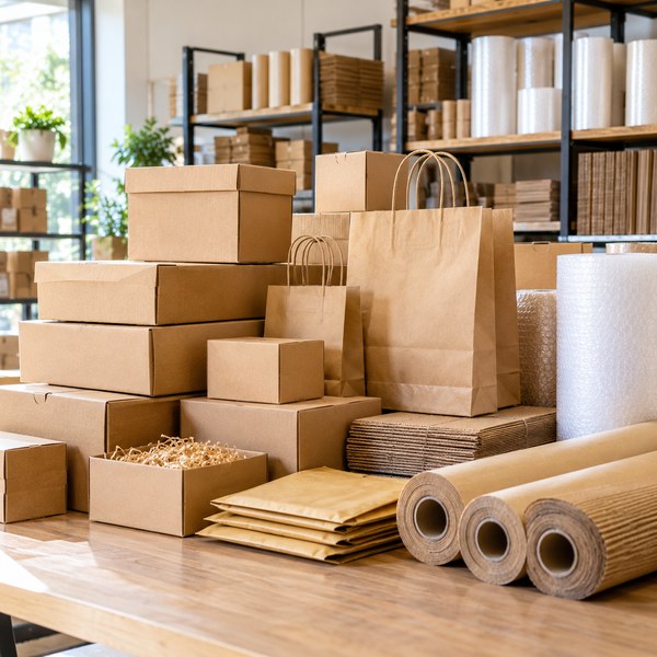 Kraft boxes bags and packaging rolls in a supplier showroom