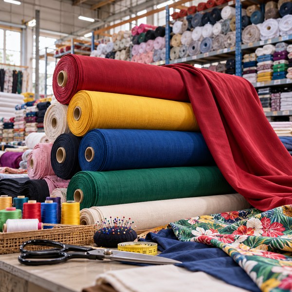 Fabric bolts and sewing materials in textile warehouse