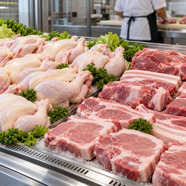 Chilled poultry and pork at a hygienic wholesale counter