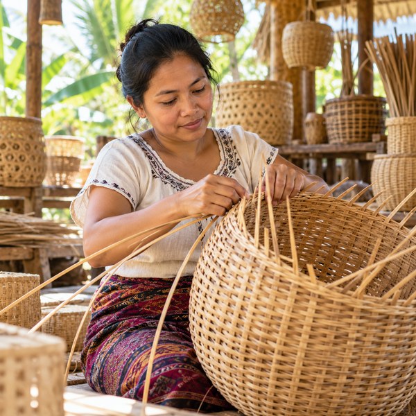 Filipino artisan weaving a rattan basket