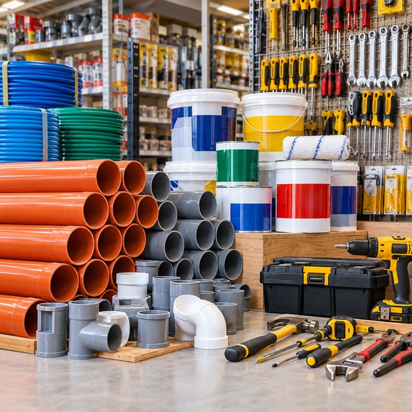 Clean hardware store display of plumbing pipes, paint cans and hand tools
