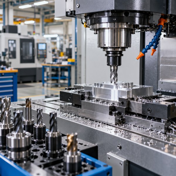 A precision milling machine with cutting tools in an organized factory