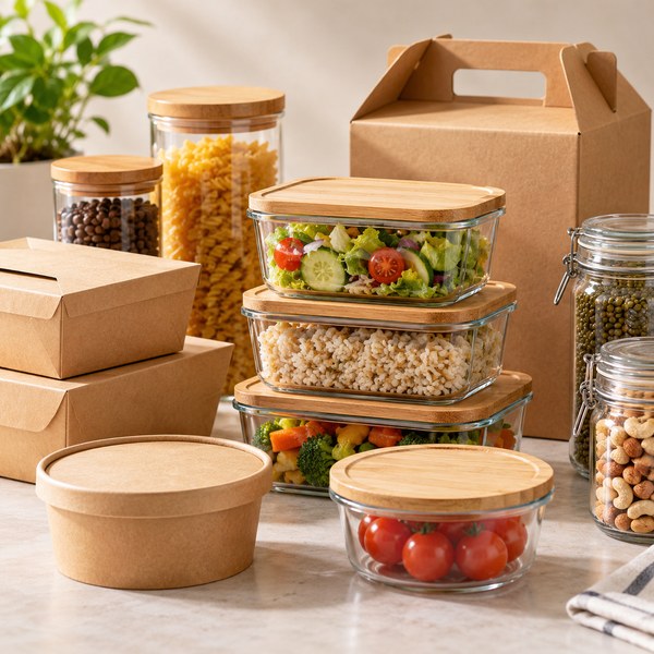 Clean studio arrangement of food containers, glass jars and cardboard cartons