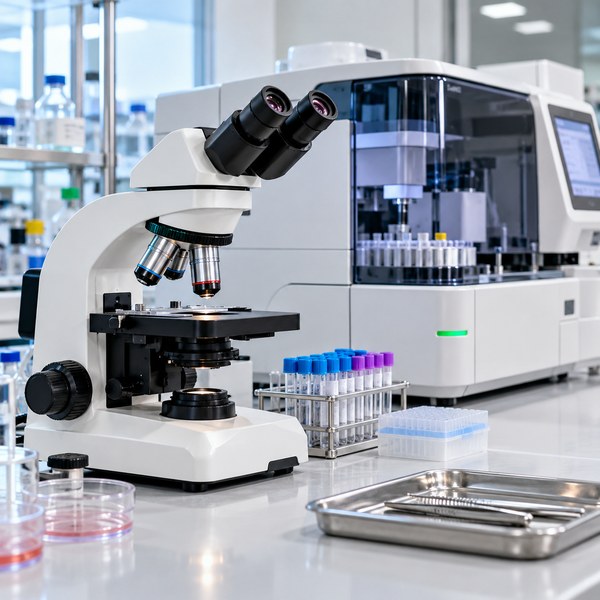 A modern microscope and laboratory analyzer on a clean equipment bench