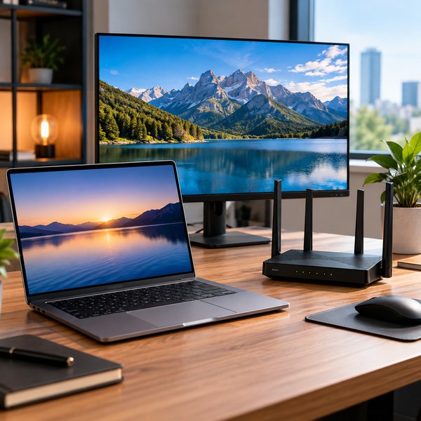 Laptop, network router and monitor on a clean technology supplier desk