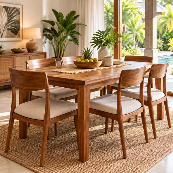 Beautiful wooden dining table and chairs in a bright tropical home