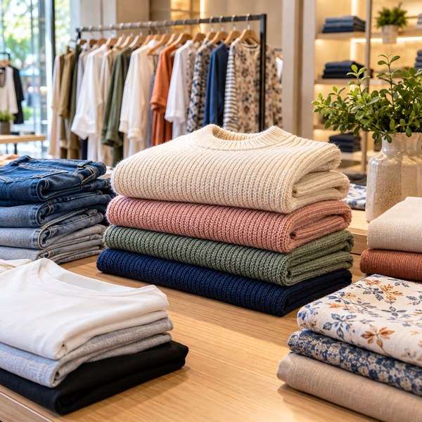 Neatly folded garments and textured fabrics in a bright clothing showroom