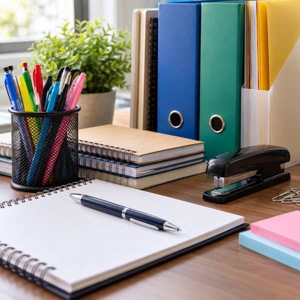 Pens, notebooks, folders and stapler neatly arranged on a desk