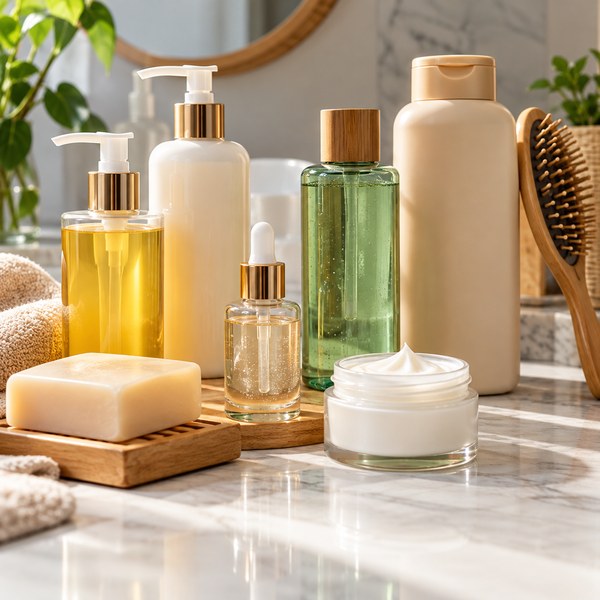 Premium unbranded skincare bottles, soap and hair care products on a clean counter