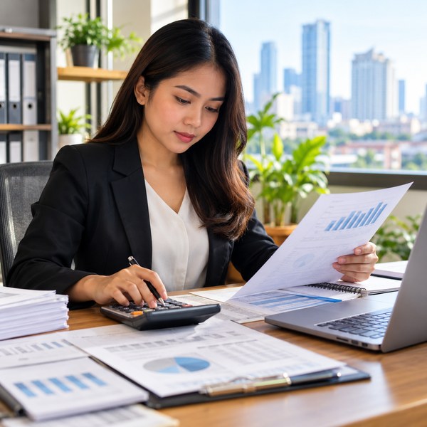 Filipino accountant reviewing a spreadsheet with calculator and financial papers