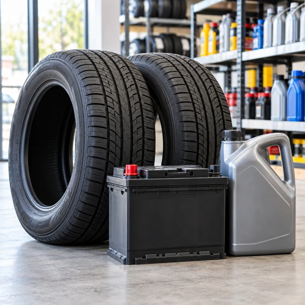 Commercial photograph showing tires, batteries and lubricants