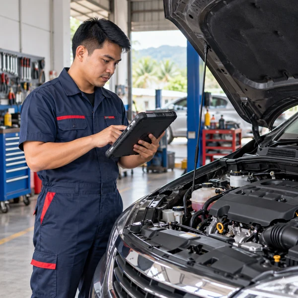 Automotive technician checking a vehicle with a diagnostic tablet