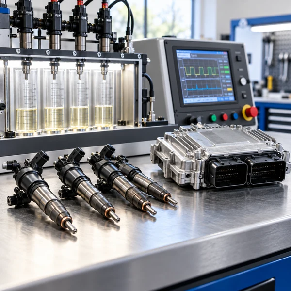 Diesel injectors and an automotive ECU on a specialist test bench