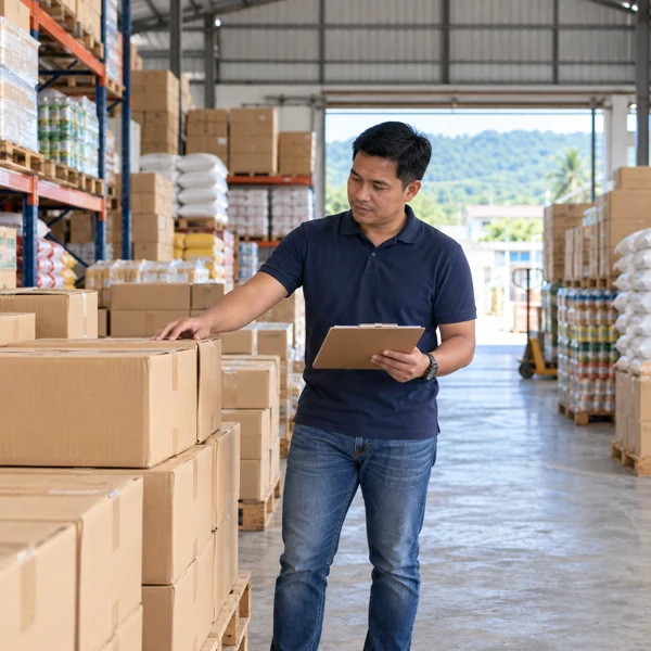 Wholesale business owner checking cartons in a Philippine distribution warehouse