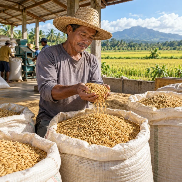 Rice farmer checking harvested palay sacks at a rural cooperative