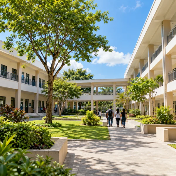 Philippine school courtyard with classrooms and adult learners