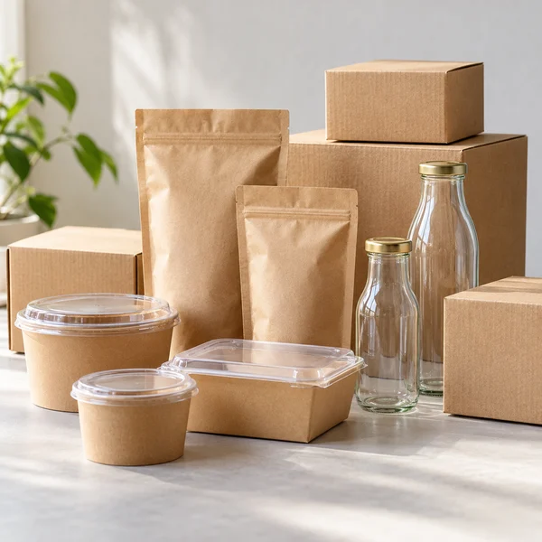 Plain cartons, kraft pouches, bottles and food containers on a neutral surface