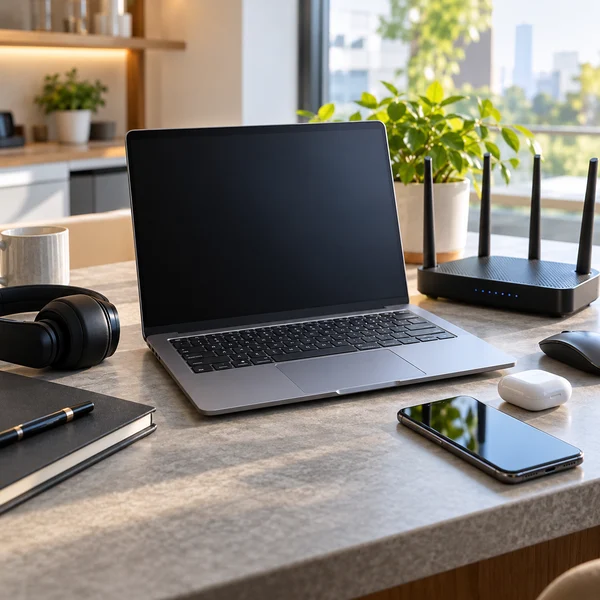 Laptop, router and phone arranged on a modern electronics counter