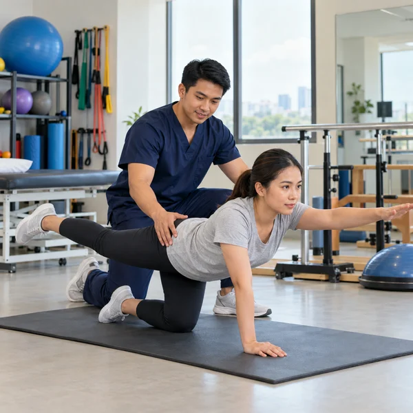 Physical therapist demonstrating a mobility exercise in a rehabilitation clinic