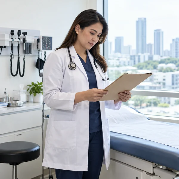 Physician reviewing a medical chart beside an examination bed