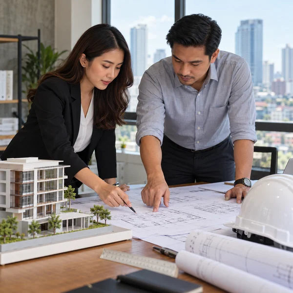 Architect and engineer reviewing building plans and a scale model