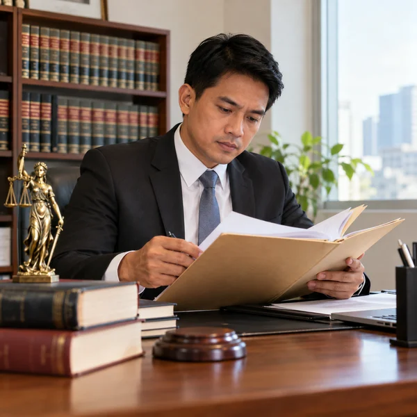 Lawyer studying a case file in an office with legal reference books