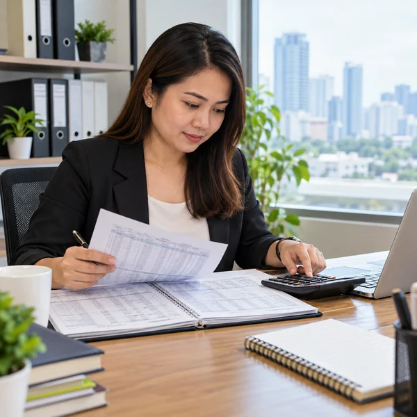 Accountant reviewing a ledger beside a calculator and laptop