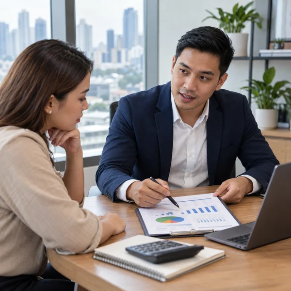 Business consultant explaining a financial planning worksheet to a client