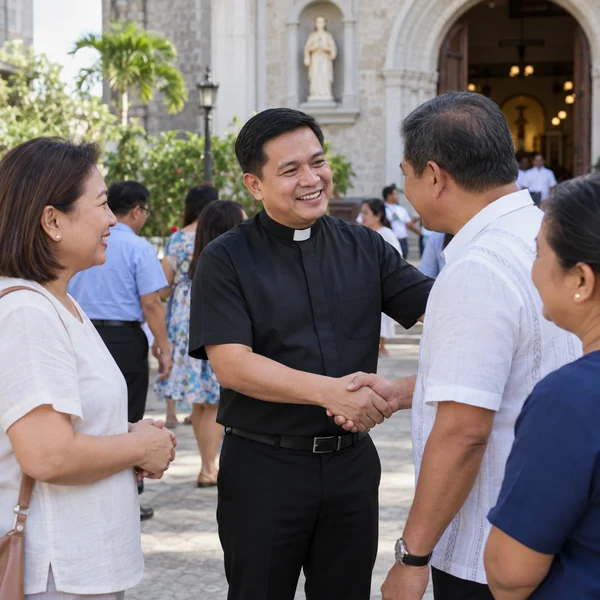 Priest greeting adult community members in a courtyard