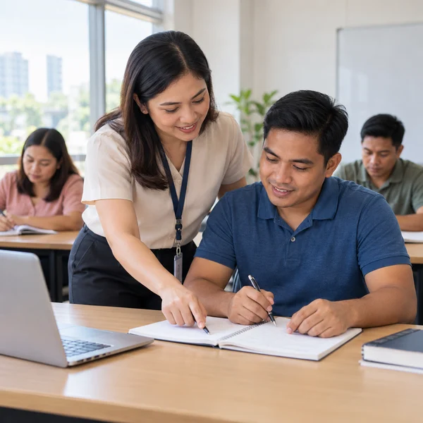 Teacher guiding an adult learner through a notebook