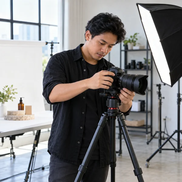 Professional photographer adjusting a camera in a commercial studio