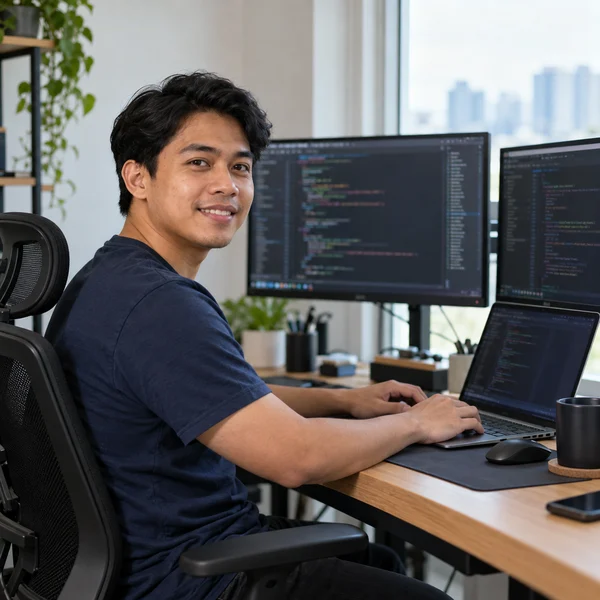 Software developer at a workstation with a laptop and coding monitors