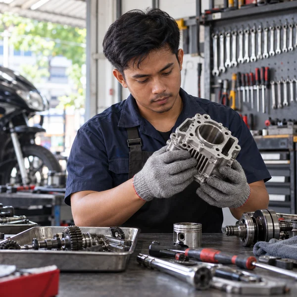 Skilled technician inspecting mechanical parts on an organized workshop bench