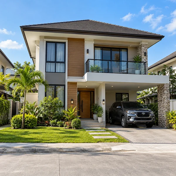 Contemporary Philippine family house with a garden and carport