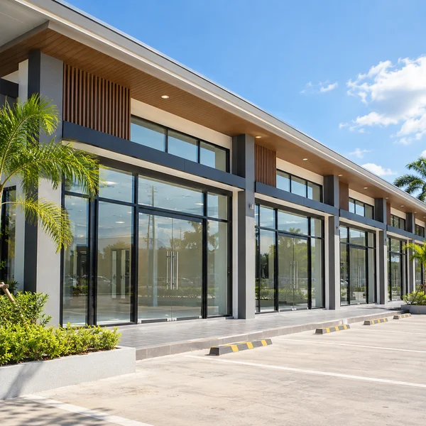 Modern commercial shopfront units with glass entrances