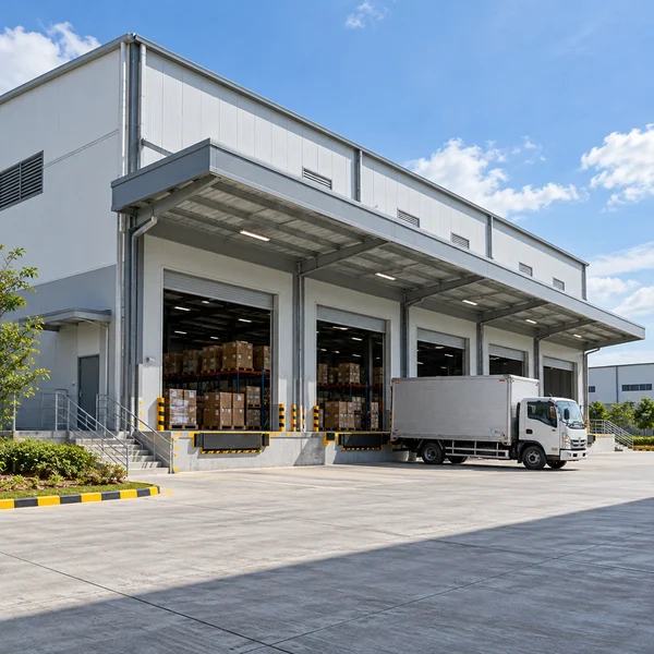 Industrial warehouse with loading bays and a delivery truck