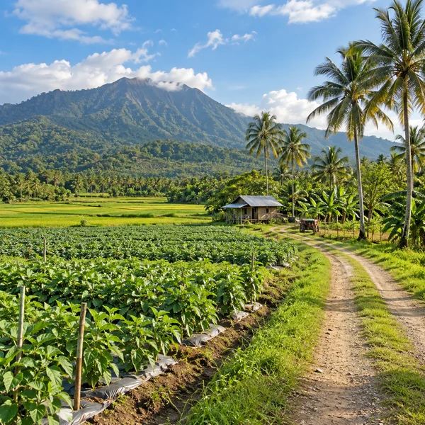 Cultivated Philippine farmland with tropical trees and an access road