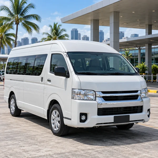 Passenger van parked on a transport rental forecourt