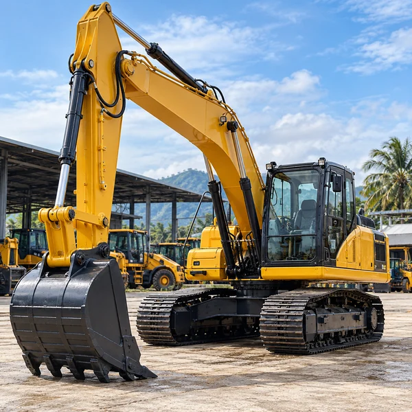 Excavator with clearly visible bucket, tracks and hydraulic arm in a rental yard