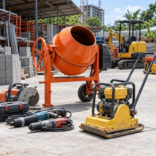 Concrete mixer, plate compactor and construction power tools in a rental display