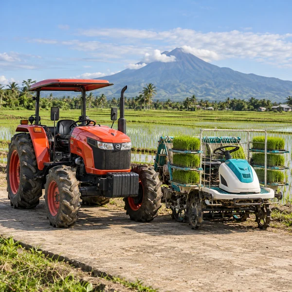 Tractor and rice transplanter parked beside rice fields